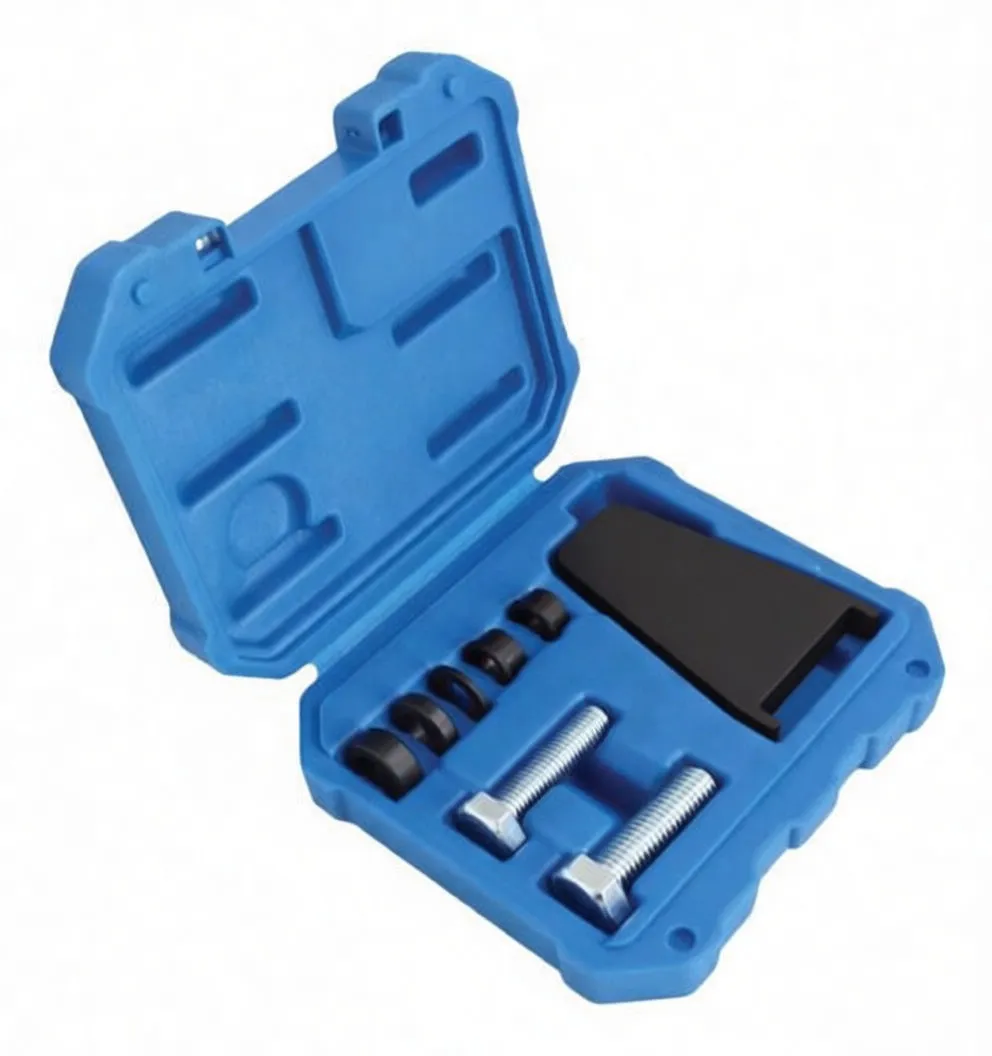 Flywheel locking plate with model marking, two hex bolts and five black spacers arranged on white background