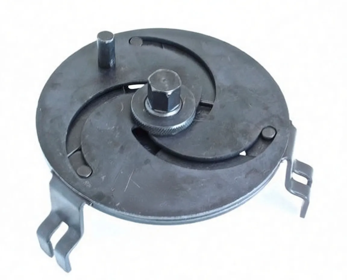 Angled top view of black round fuel sender lid remover with central bolt, knurled nut, curved arms and two hook legs, marked 'saTra S-XFT3'.