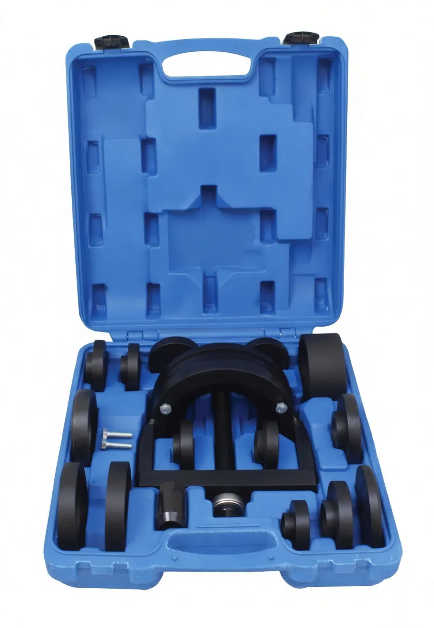 All remover/installer parts spread out: press frame, half-moon adapters, multiple cups and bushings, two bolts