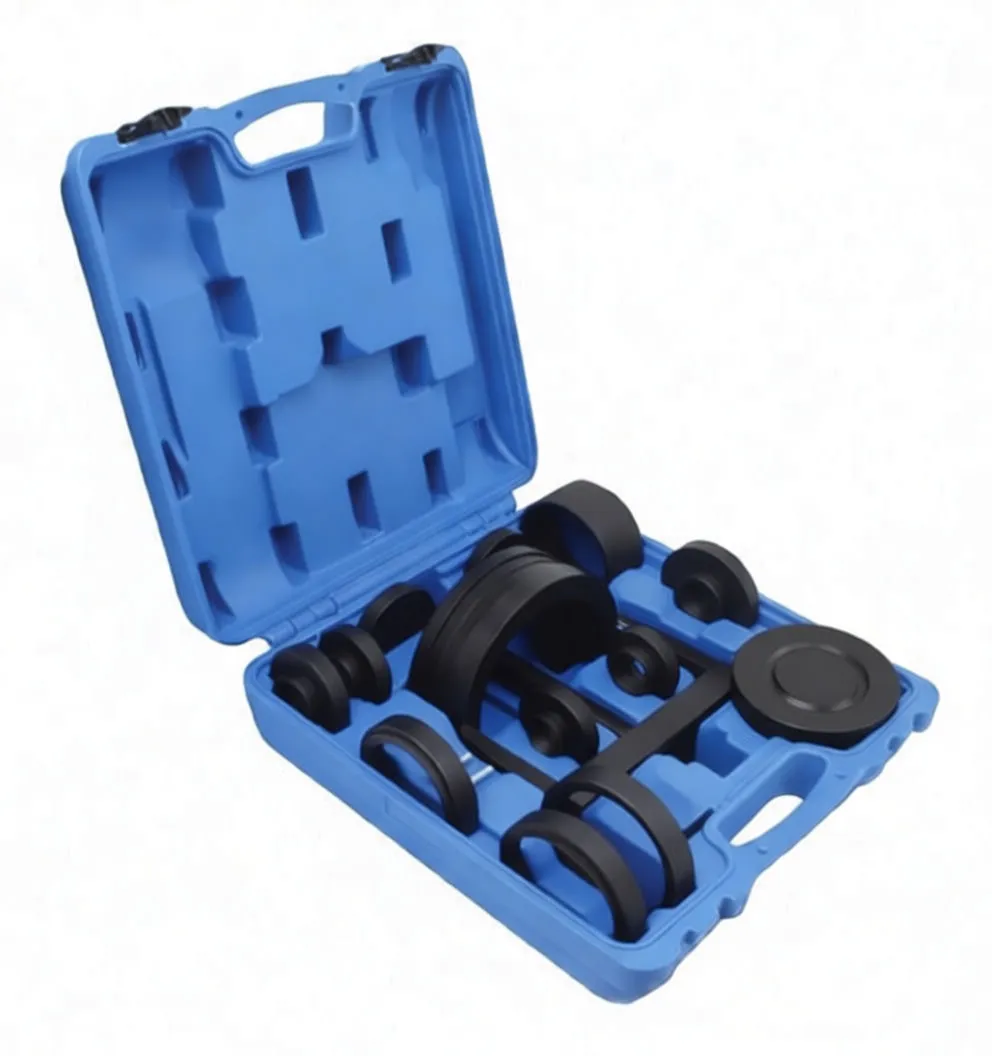 Front view of bearing remover kit with main press and labeled adapter rings arranged in blue case