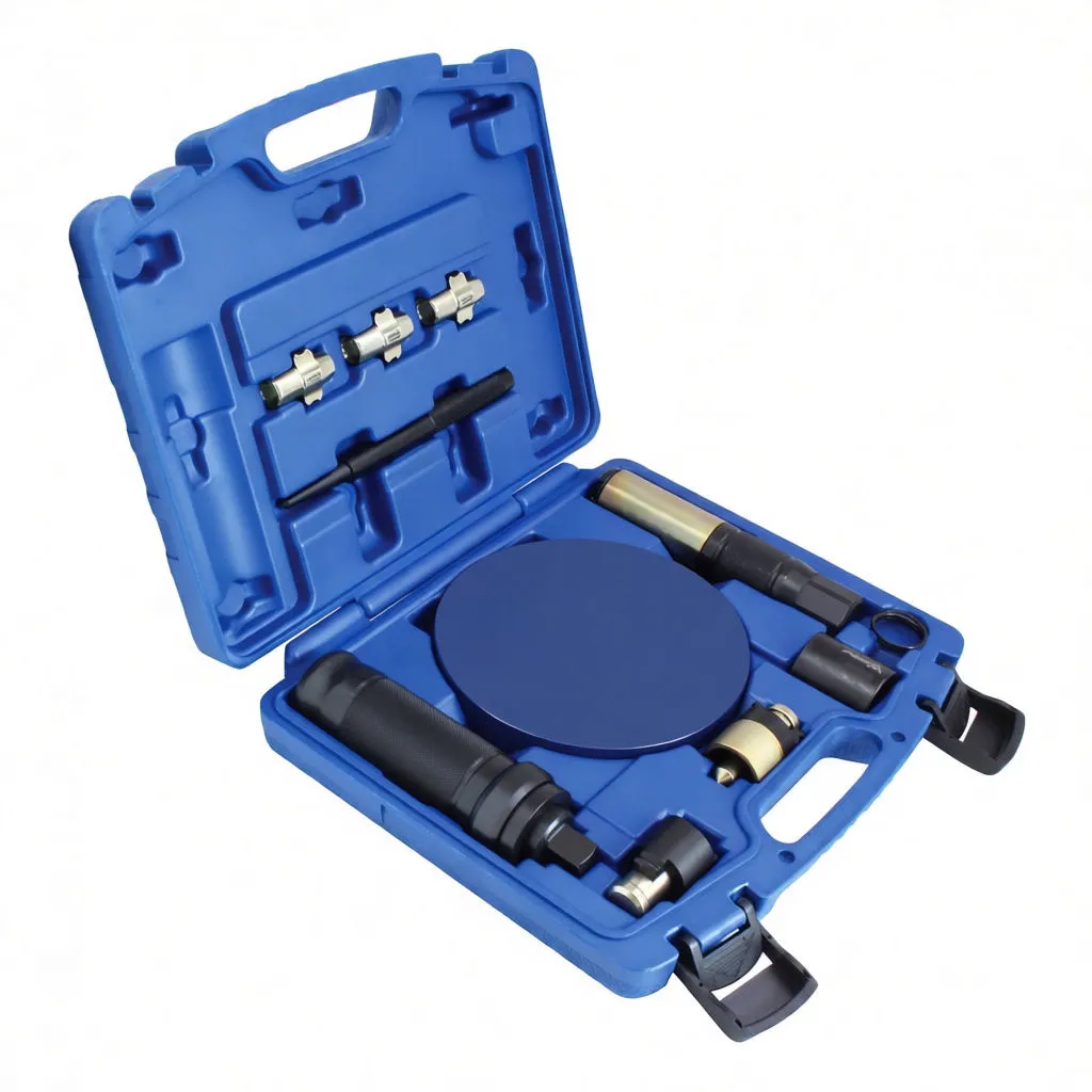 Angled view of blue carry case with universal locking wheel nut removal tools: foam disc, brass adaptors in lid, black drift, cylindrical extractors, sockets and latches, ASTA marked.