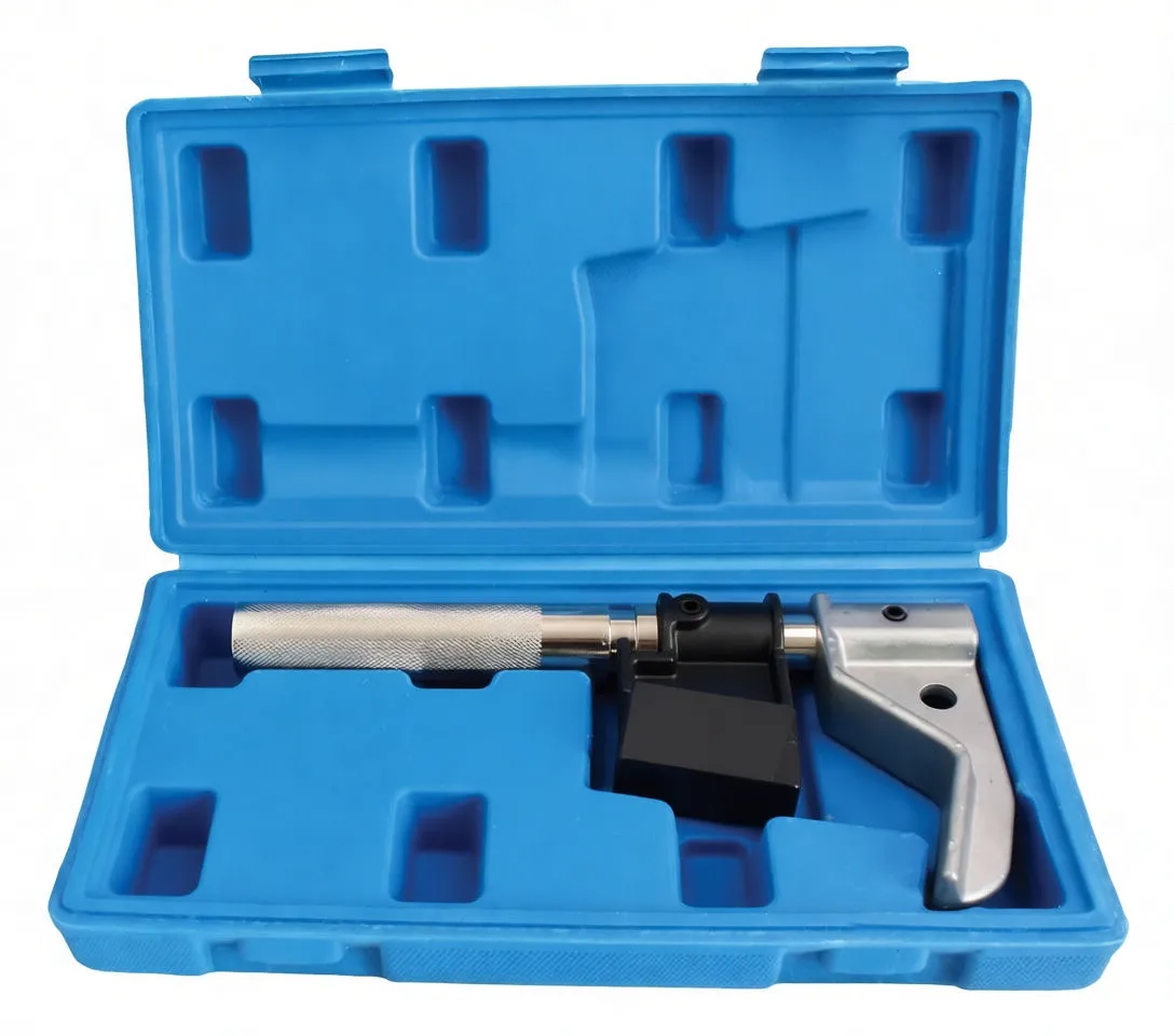 Perspective shot of blue case with knurled-handle thread chaser showing hinge assembly and black serrated die block.