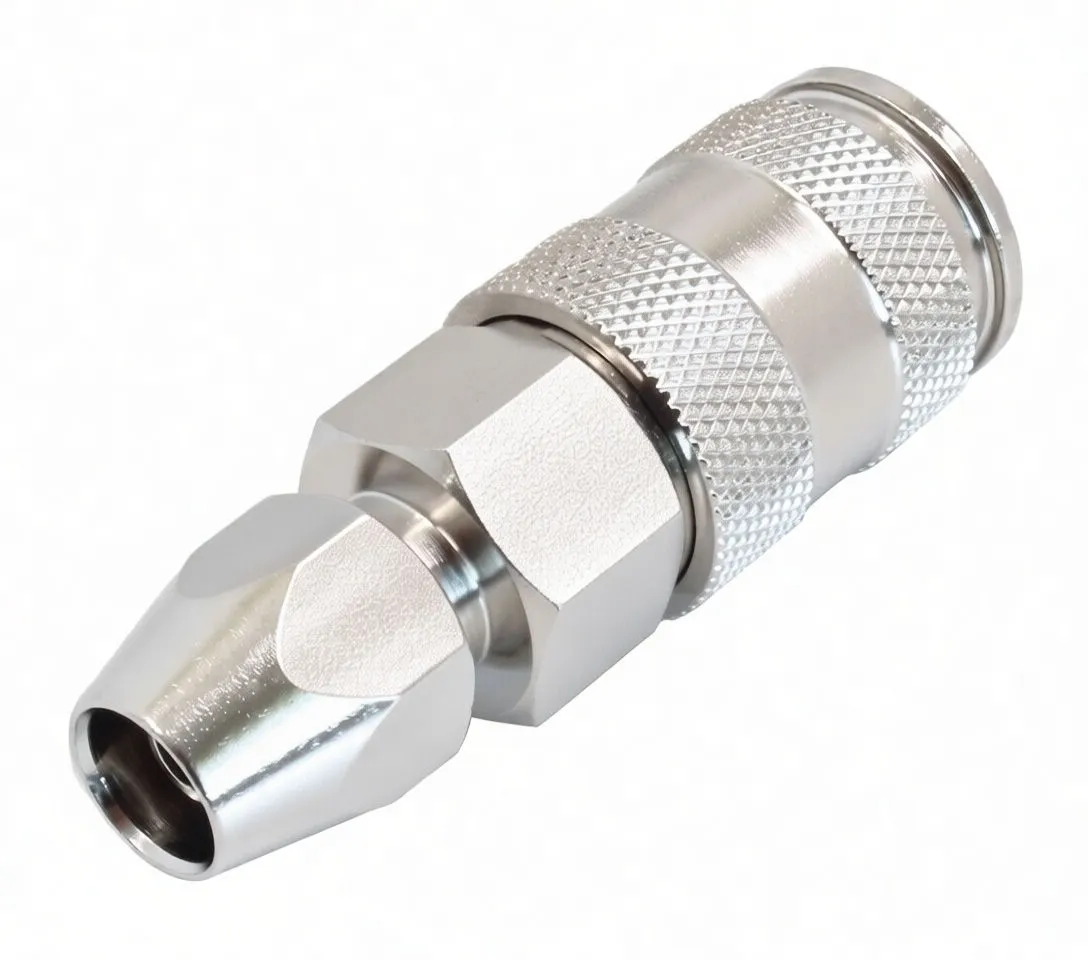 Angled side view of metal quick coupler showing tapered nose, hex flats and knurled sleeve
