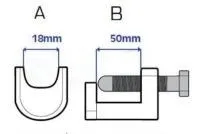 Line drawing schematic of the tie rod end tool showing jaw cross-section (18mm) and side profile with 50mm dimension.