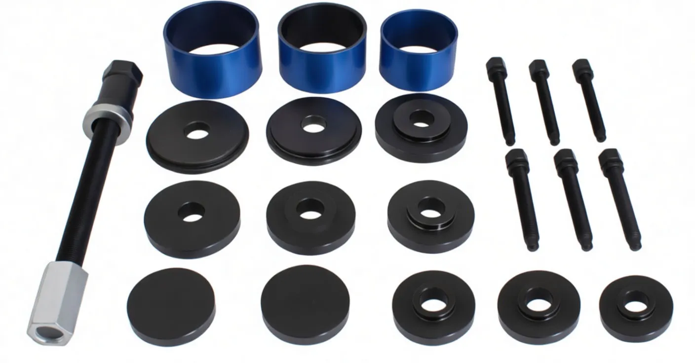 Angled view of blue tool case open to display bearing press cups, driver plates, threaded rod and extension rods.