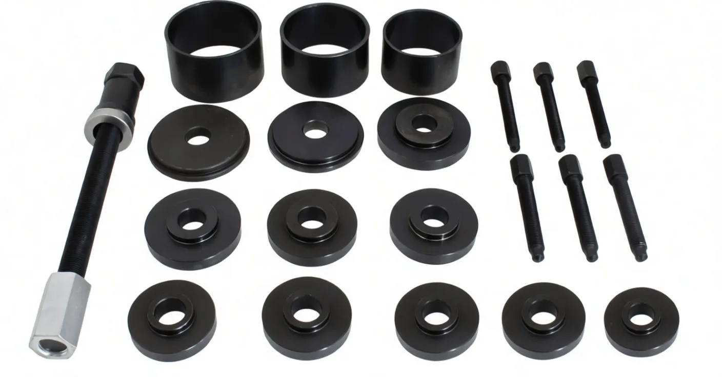 Tool kit components laid out: three cups, multiple circular driver plates, six bolts and one long threaded forcing rod with hex adaptor.