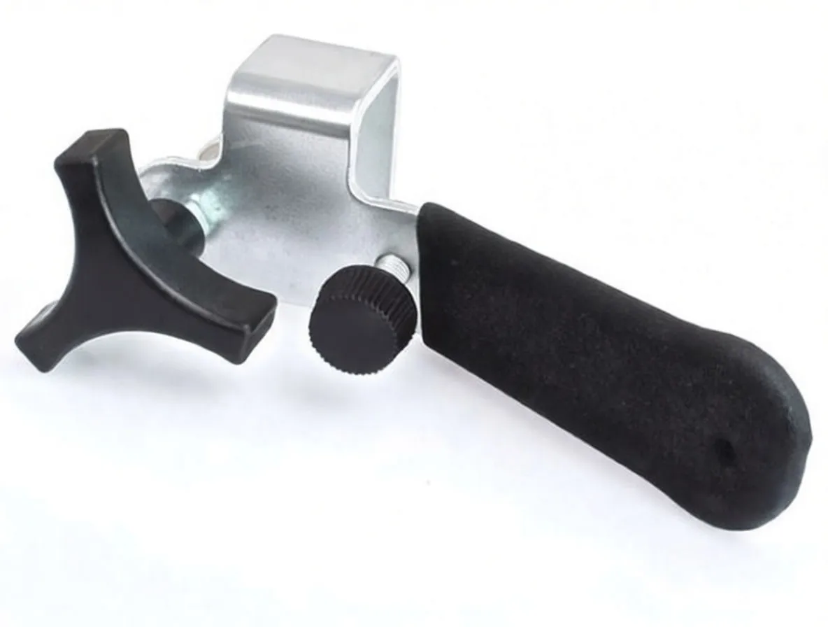 Top-side view of wiper arm puller showing stamped marking on metal bracket, foam handle and knobs