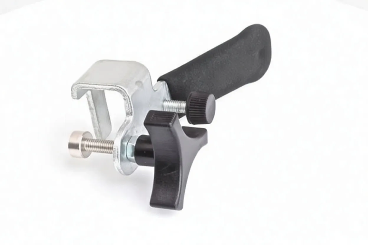Front angled view of wiper puller showing screw tip, U-clamp and three-pronged plastic tightening knob