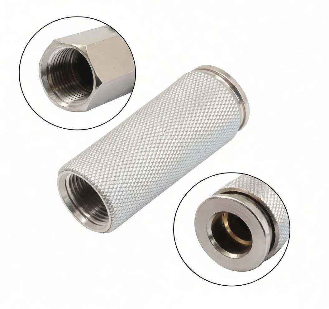 Full product shot with inset close-ups of the female threaded end and the quick-connect socket with inner sleeve