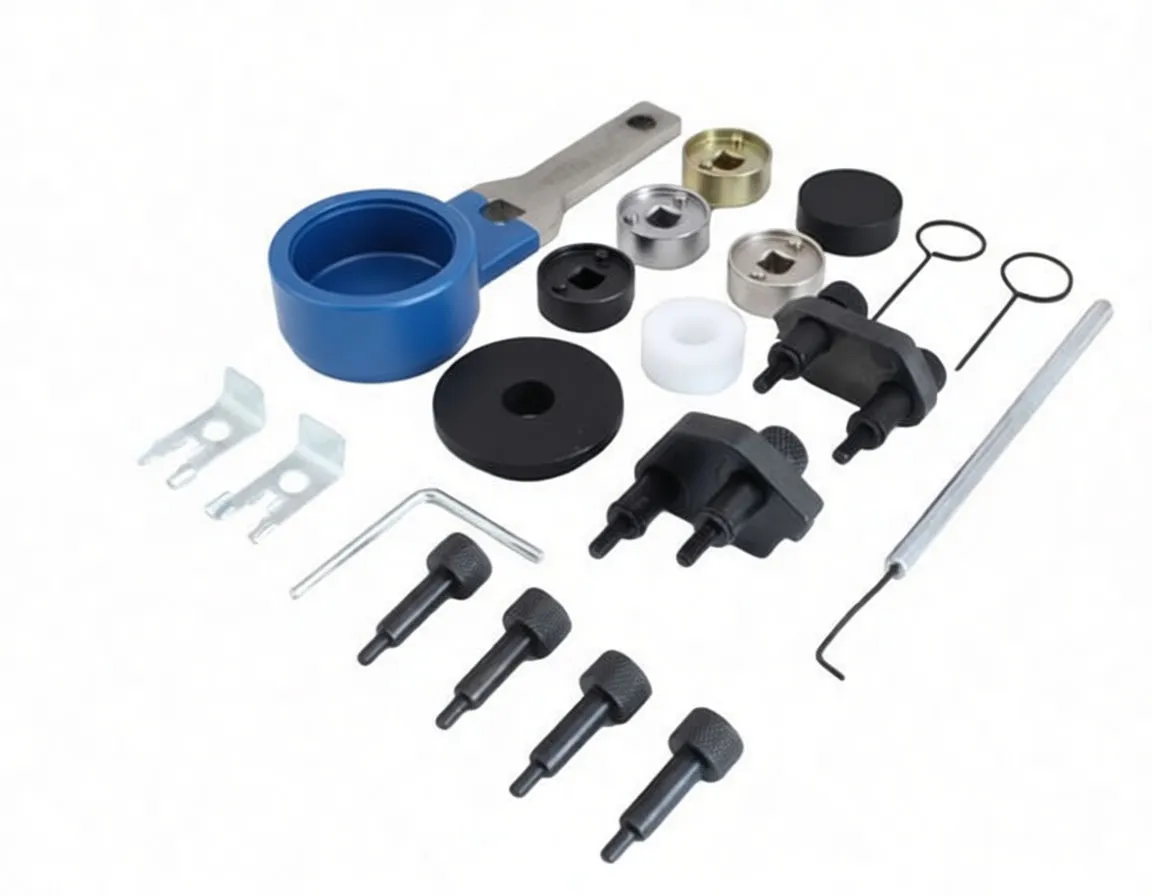 Angled open blue case with VW/Audi timing tool kit showing cam locking plate, multiple metal adapter collars, black alignment fixtures, white spacer and yellow instruction label.