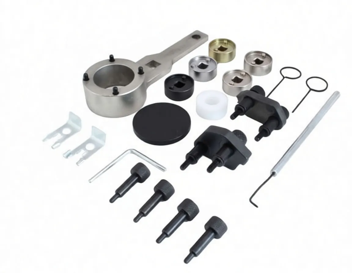 Timing kit components laid out: camshaft locking handle plate, multiple metal adapter collars, black disc, white spacer, twin-stud alignment tools, knurled bolts, clips, ring pulls, hex key and hooked rod.