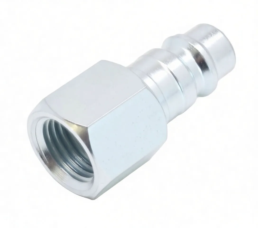 Top view into barbed tail and hex nut of metal 1/4" PT female plug