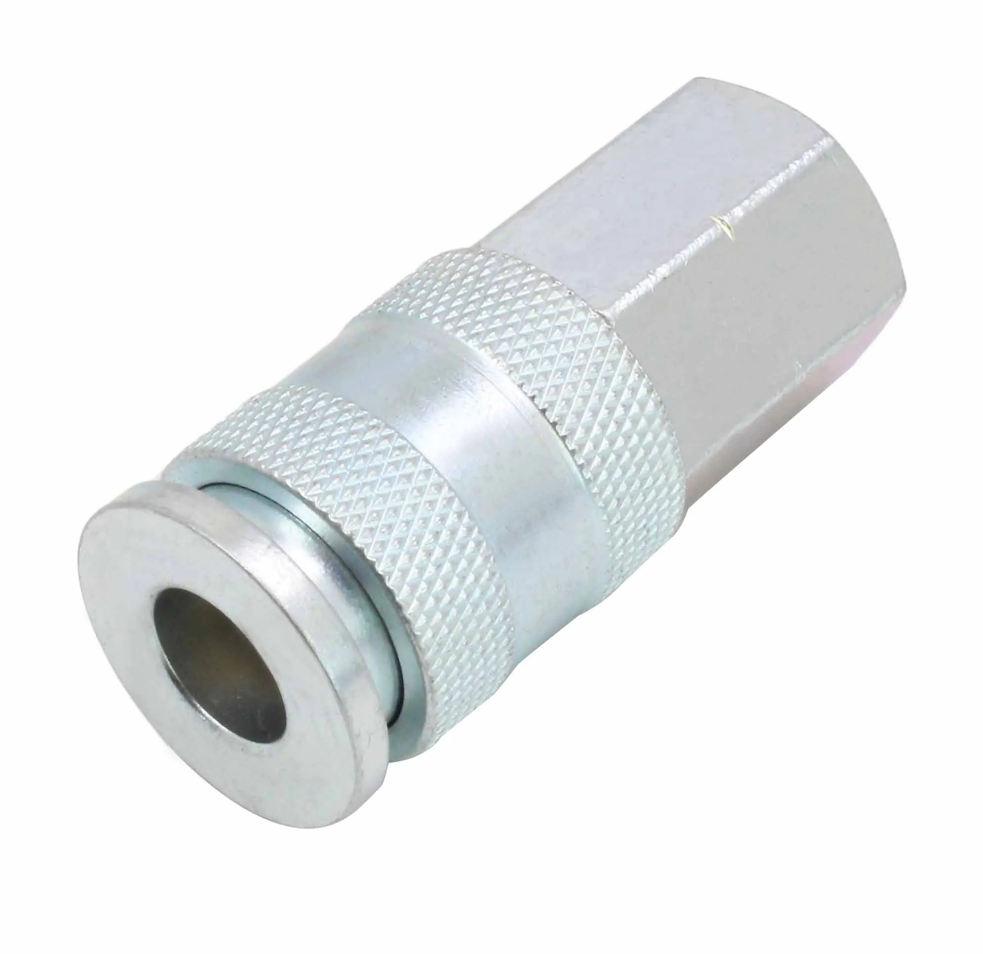 Close-up of round outlet and knurled sleeve on metal female coupler