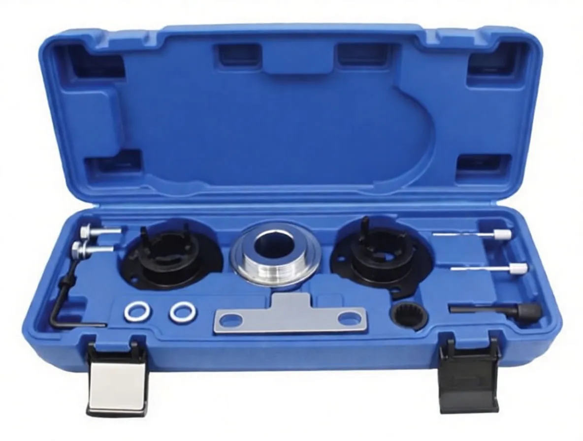 Timing kit components laid out: locking plates, machined silver collar, alignment plate stamped 'satra', bolts, pins and adapters