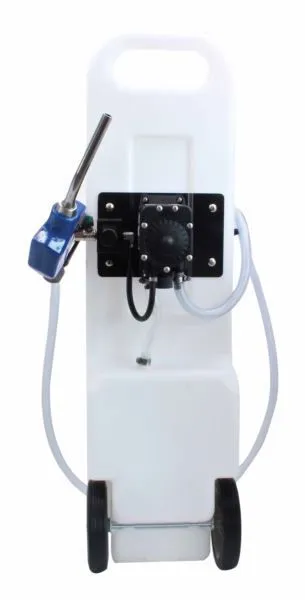 Rear view of AdBlue dispenser showing black pump mounted on plate, clear hose and blue nozzle with metal spout, wheels and handle