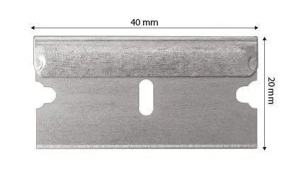 Front view of blade with dimensions 40 mm by 20 mm, central slot and side notches