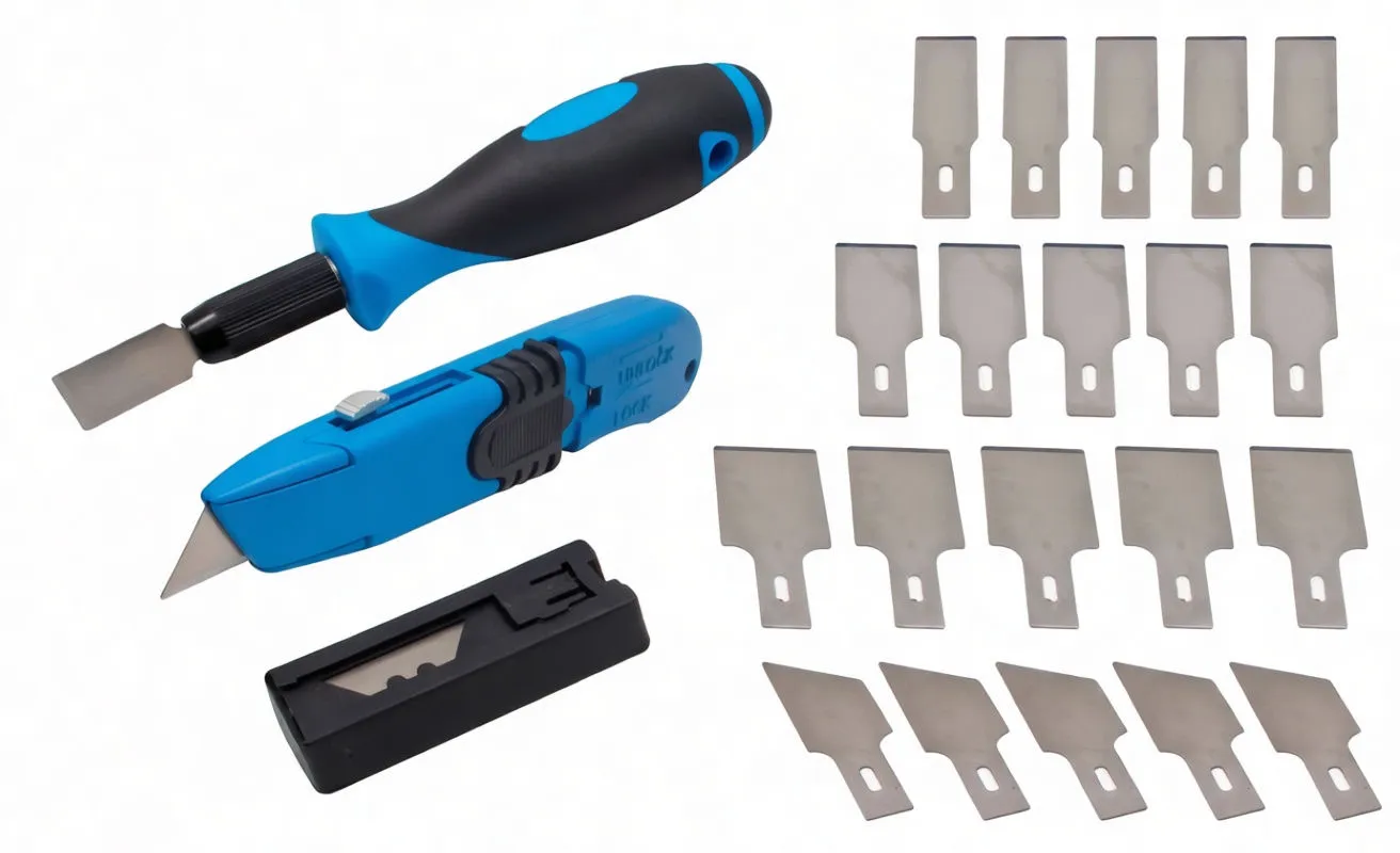 Utility knife, scraper handle, black blade cartridge and many spare blades arranged on white background