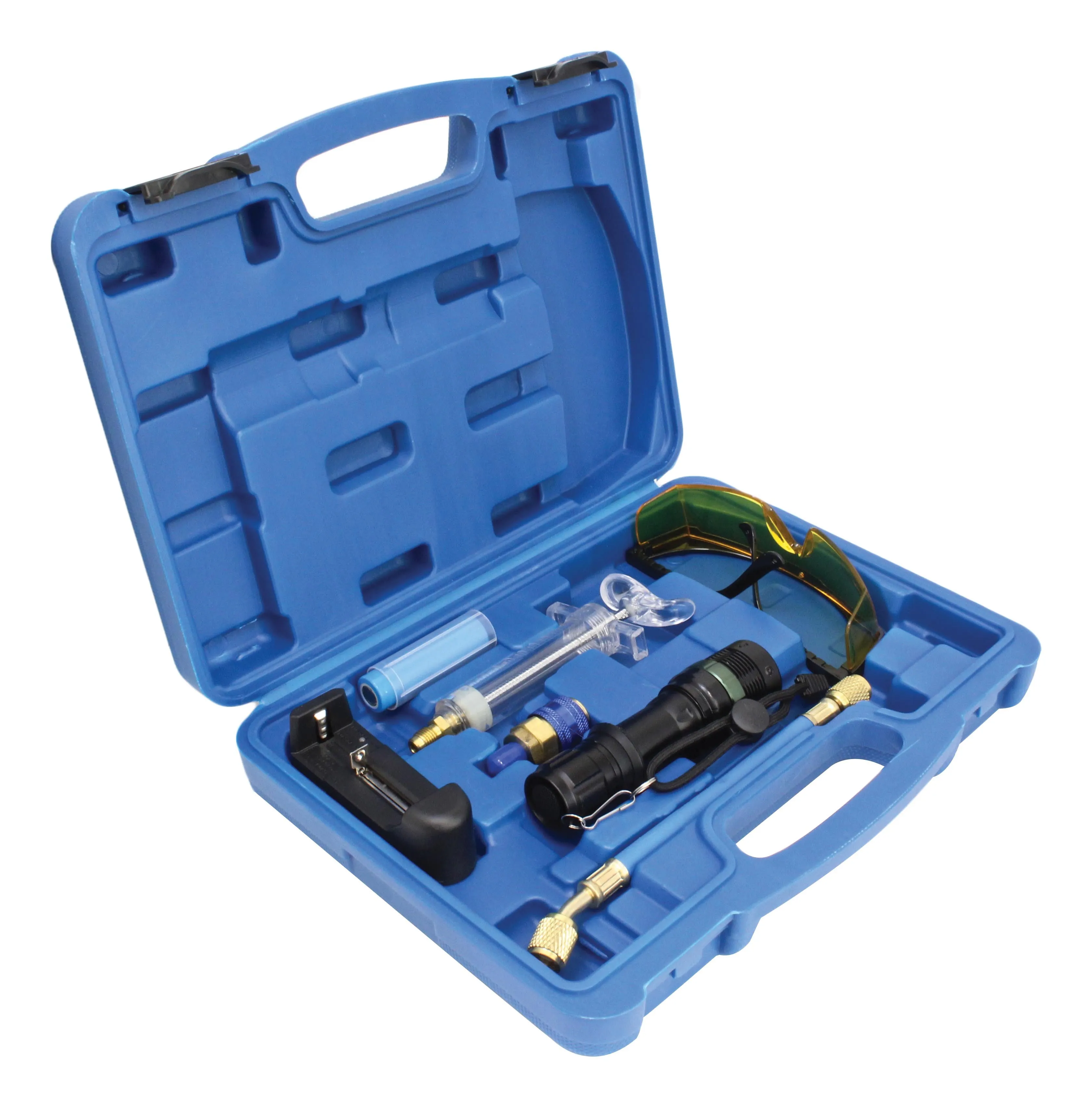 Angled open case with UV leak detection parts including flashlight, goggles, injector and charger