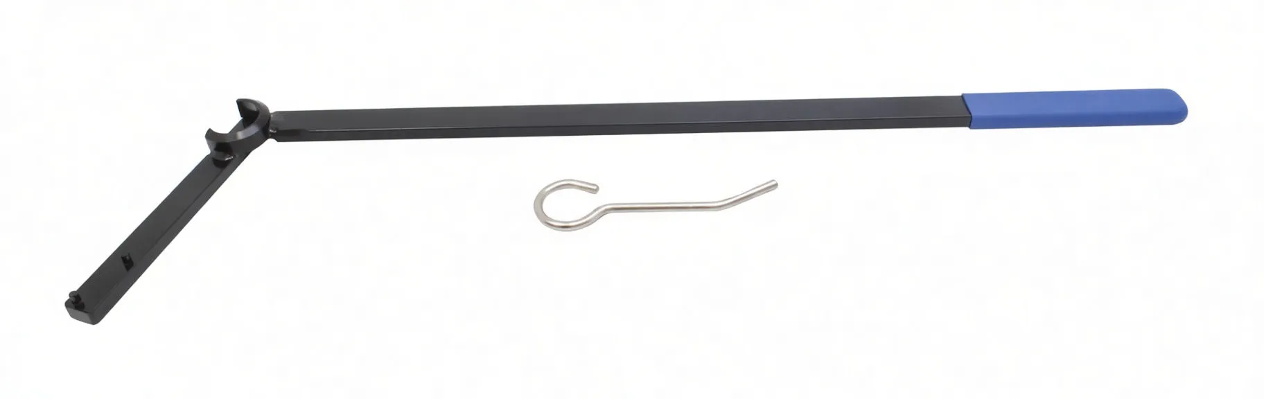 Full-length view of belt tensioner lever with L-arm and separate silver lock pin on white background