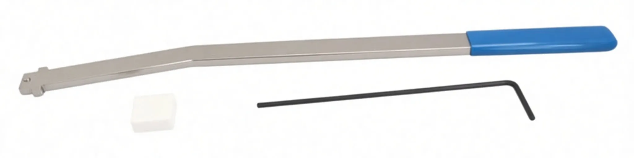 Top-down view of belt tensioner lever with blue grip, rectangular adapter block and black Allen key aligned horizontally