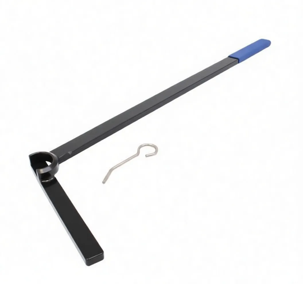 Angled shot of tool showing pivot socket, L-shaped pinned arm, long black shaft with blue grip and separate metal locking clip