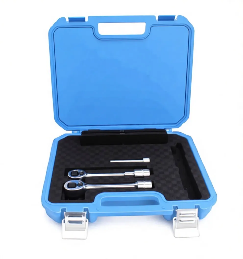 Laid-out timing tool components: two black plates marked A, silver wrench, chrome socket, black labeled sockets, bolts and pins