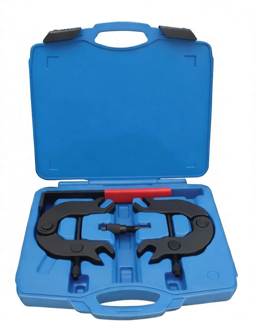 Top-down close-up of two black C-shaped locking plates and central threaded adapter inside blue case