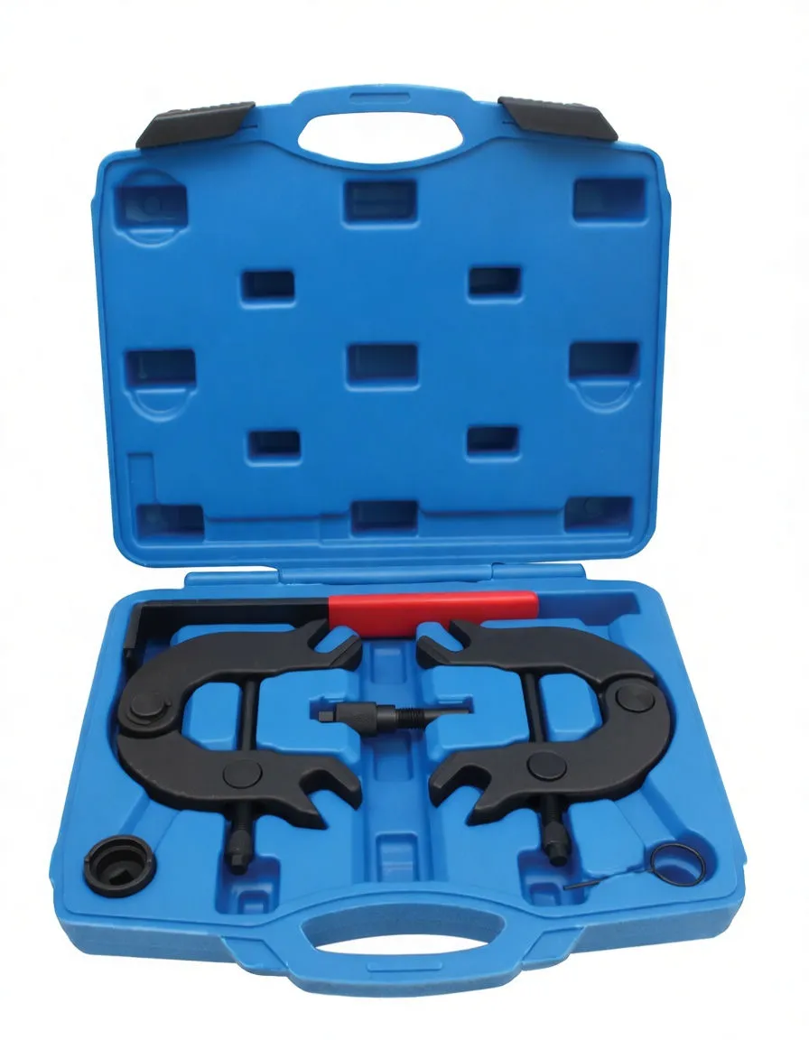 Front view of blue timing lock kit case with two black locking plates, threaded adapter and red handle