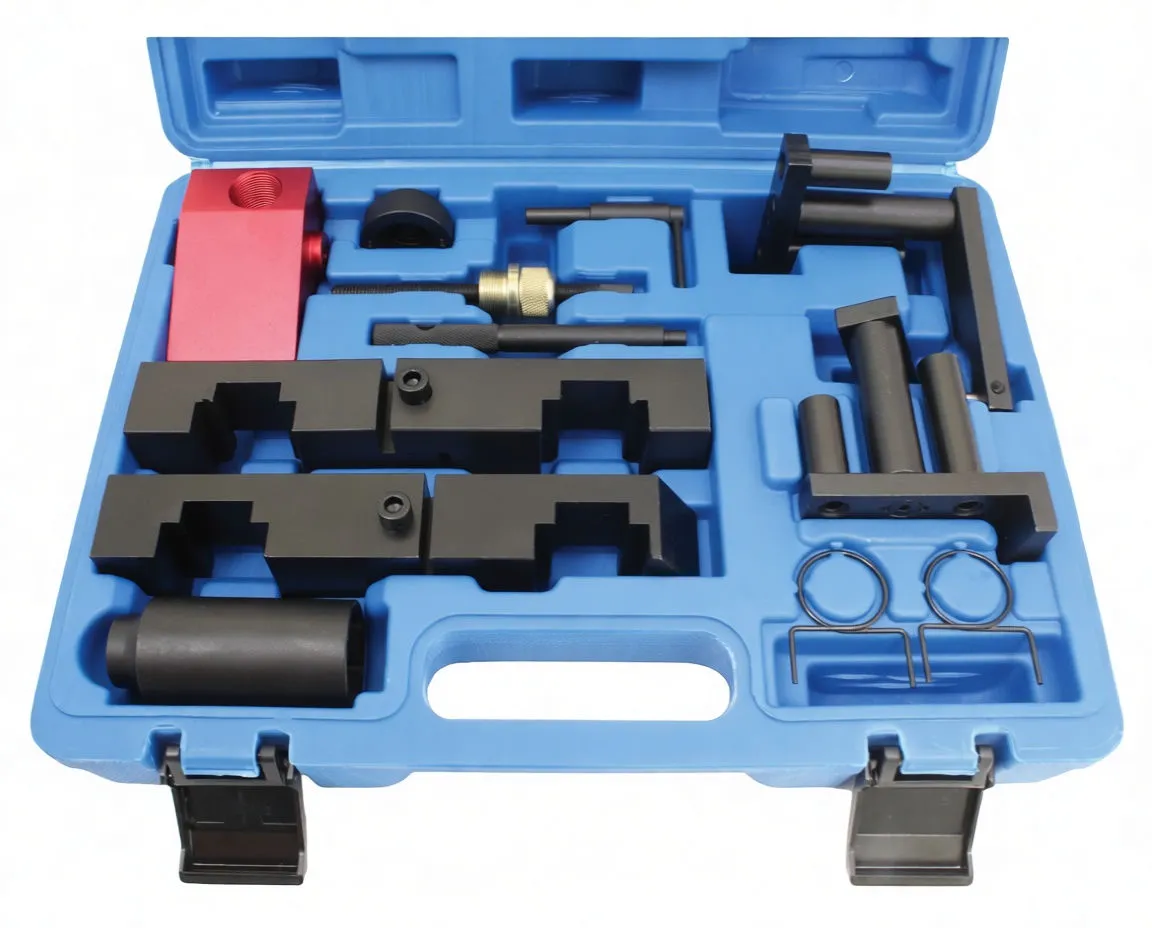 Close top-down view of VANOS timing tool kit showing labeled black blocks, red block, socket, clips and pins
