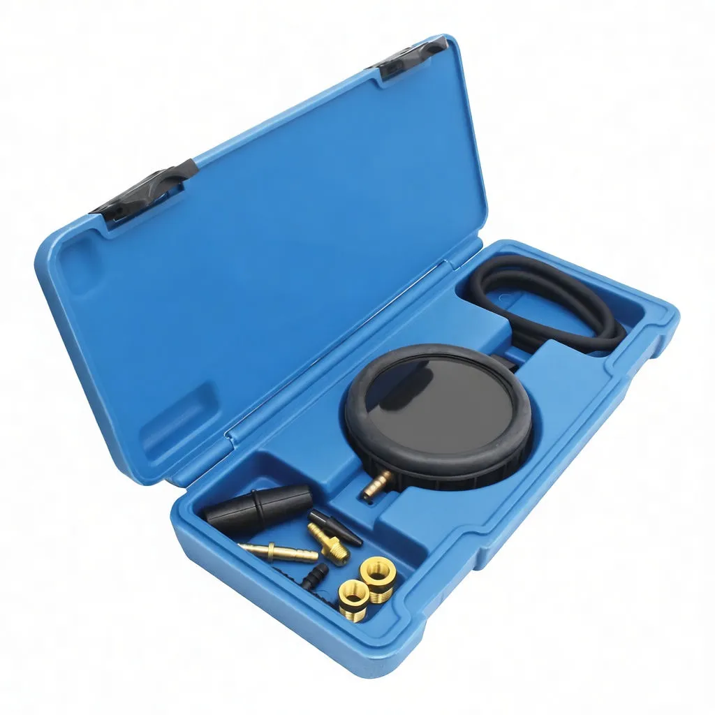 Angled view of blue case showing round gauge, brass fittings, black hose and molded compartments.