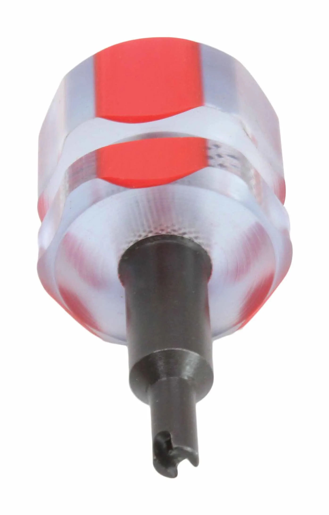 Front view of valve core remover showing slotted tip, black shaft and translucent handle with red grip sections.