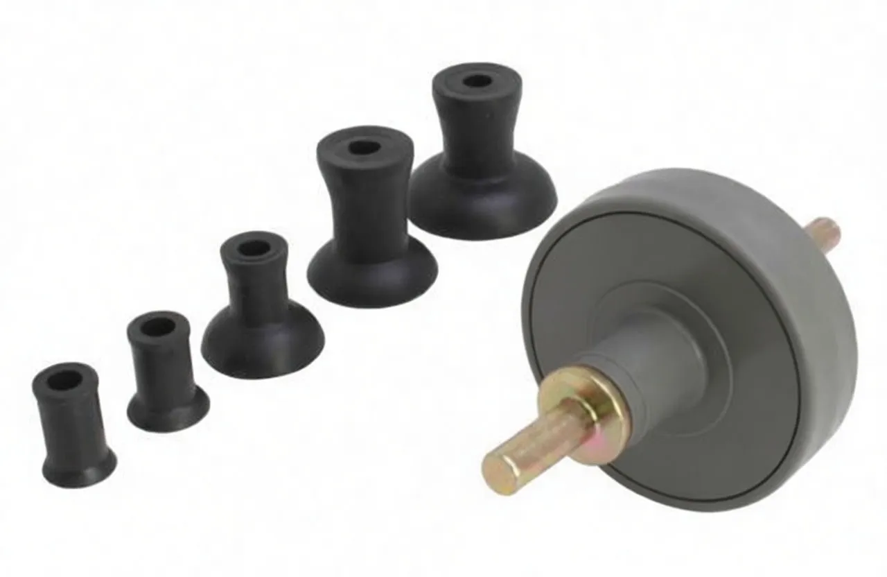 Valve lapping tool showing labeled face, metal spindle pointing forward and five rubber adapters in a row