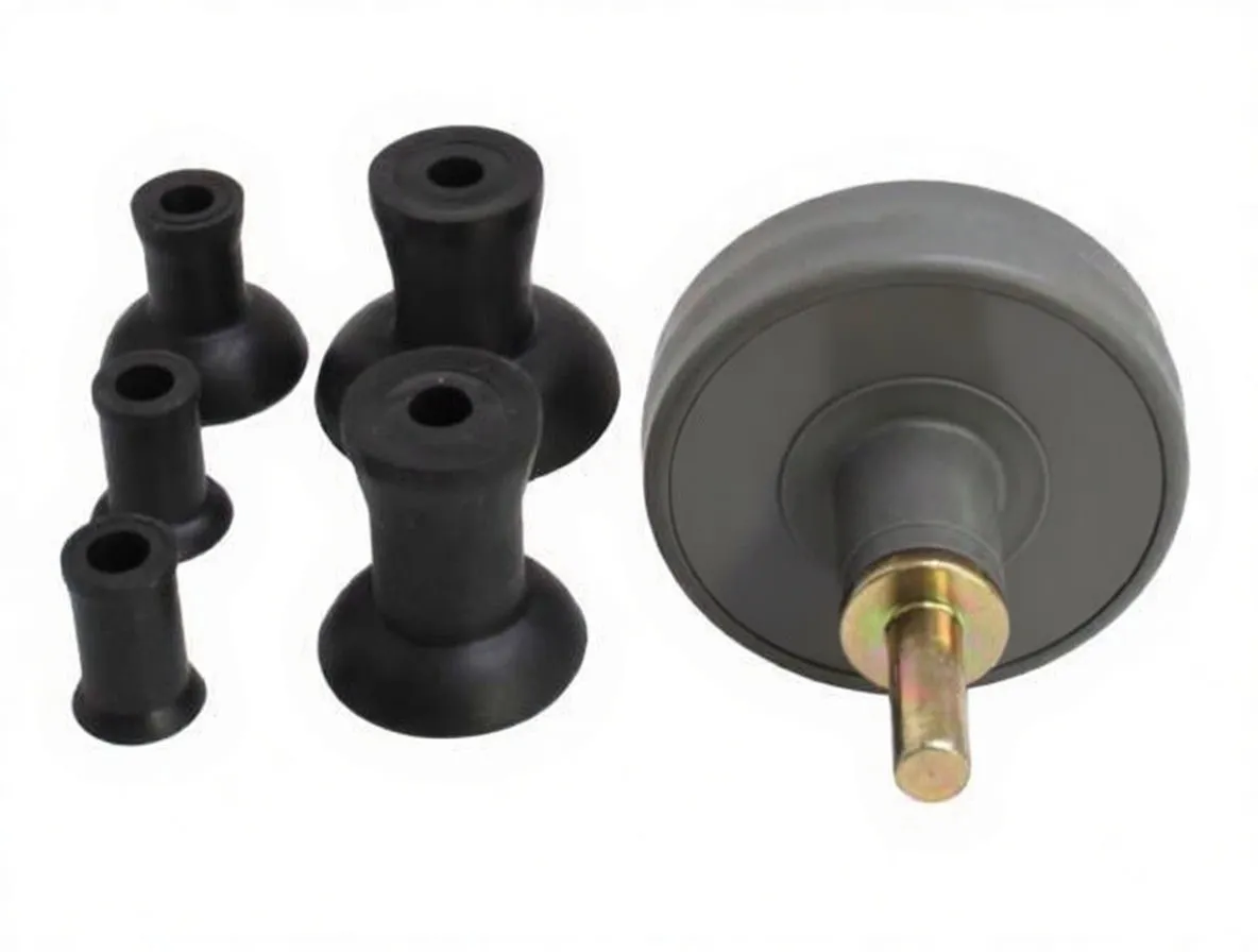 Close view of valve lapping wheel with labeled face, metal spindle and five black rubber adapter cups grouped to the left