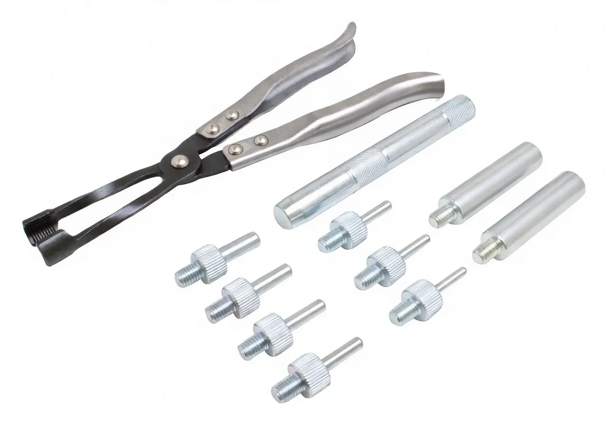 Tools removed from case: pliers, three aluminum sleeves, knurled handle bar and eight threaded adapter posts on white background.