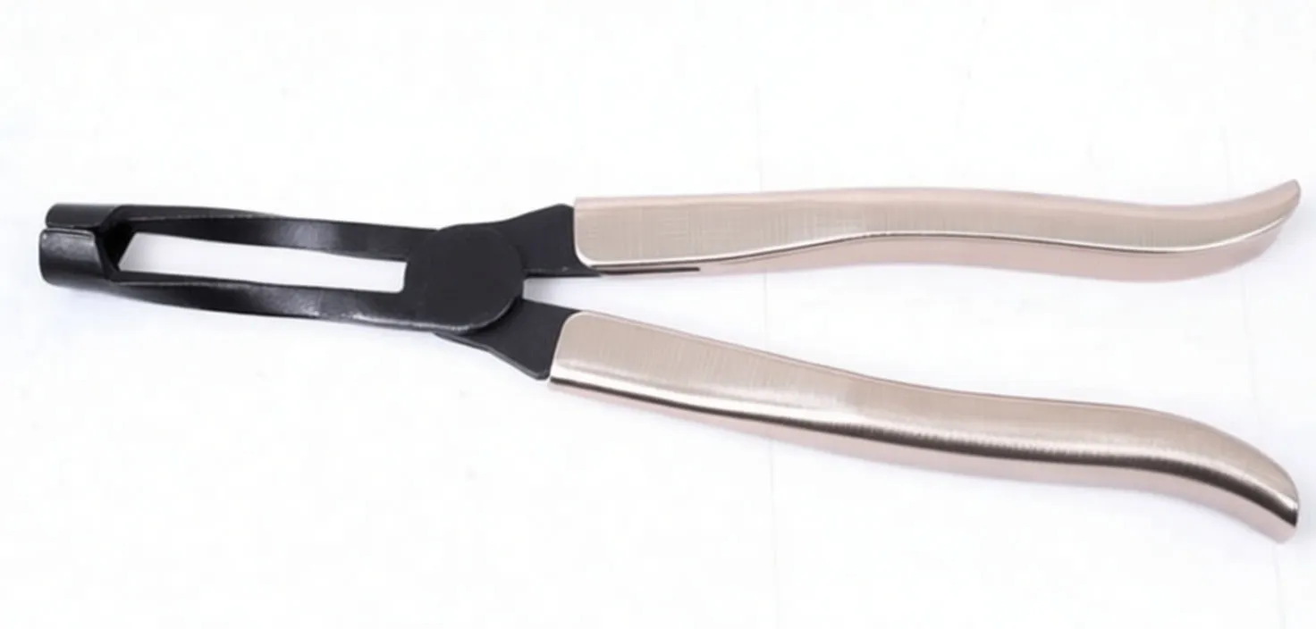 Flat view of valve seal removal pliers showing slotted jaw arm, rivets and chrome handles.