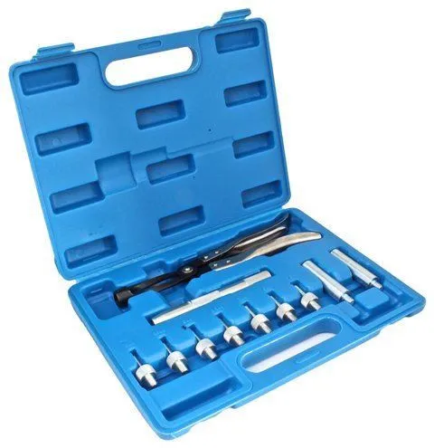 Angled shot of blue molded case holding valve seal puller pliers, knurled bar, eight adapter pins and three metal sleeves.