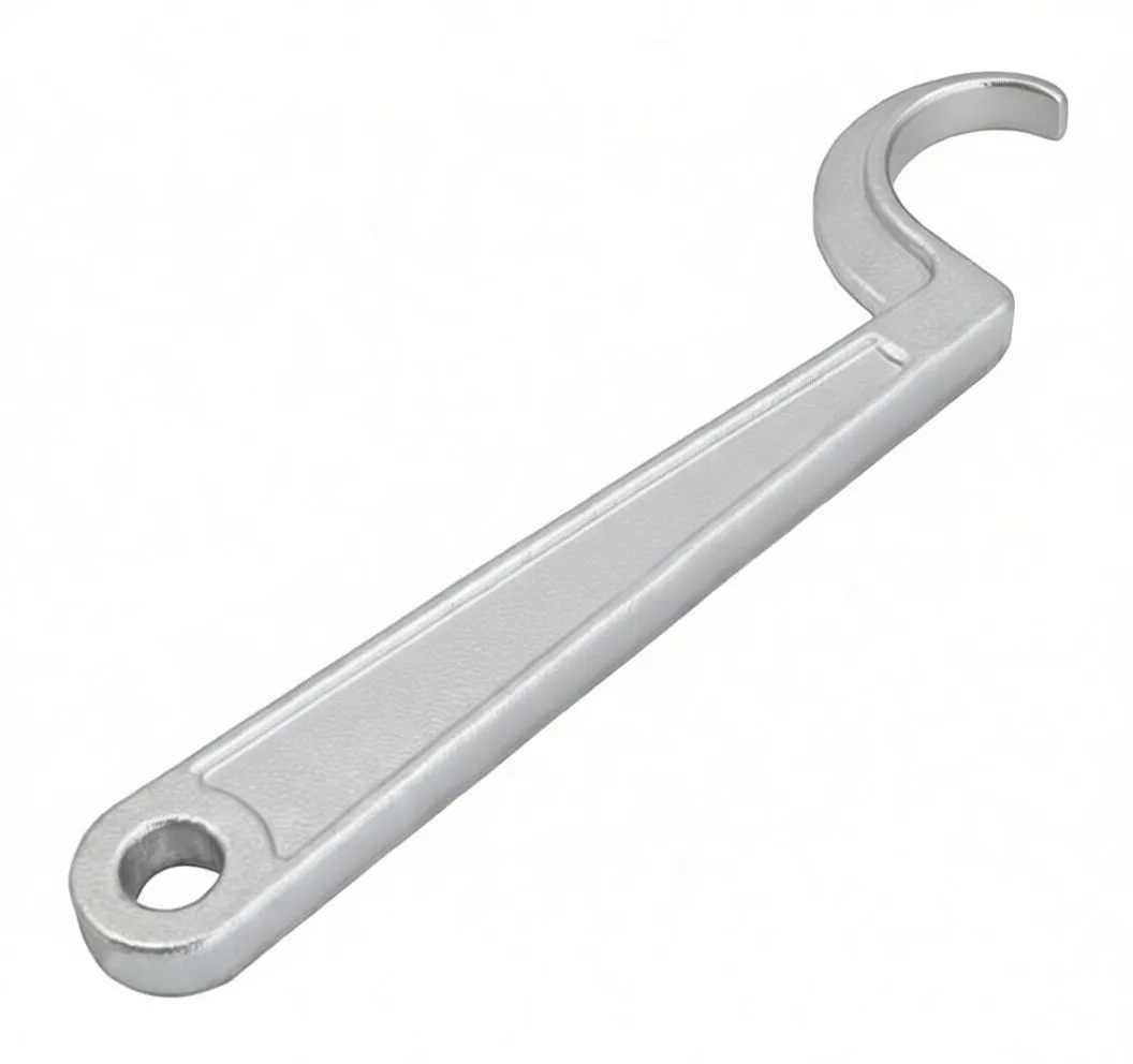Oblique view of silver valve shim tool showing curved hook and embossed logo on handle