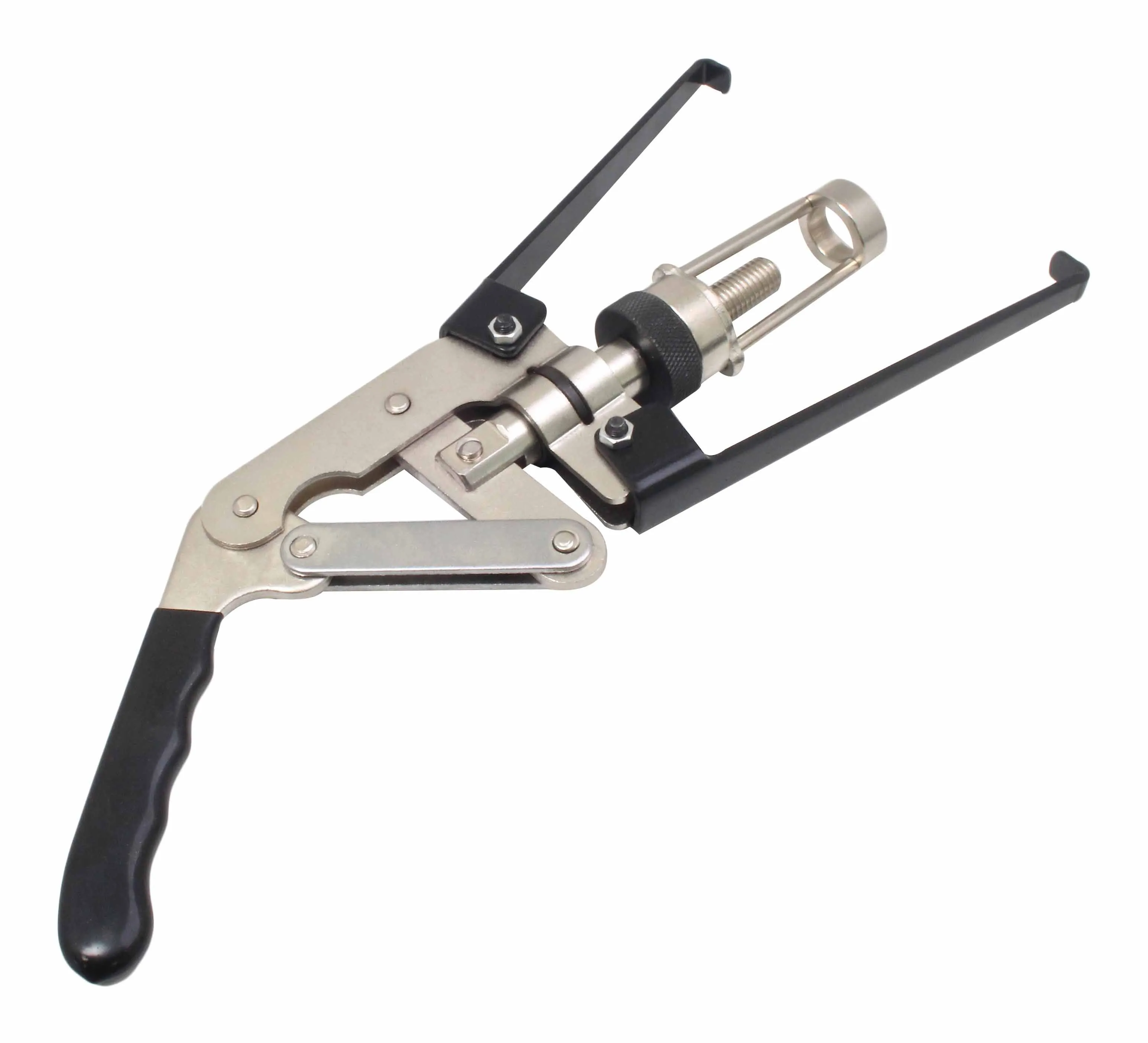 Side profile of spring compressor showing lever linkage, black handle and compressor cup