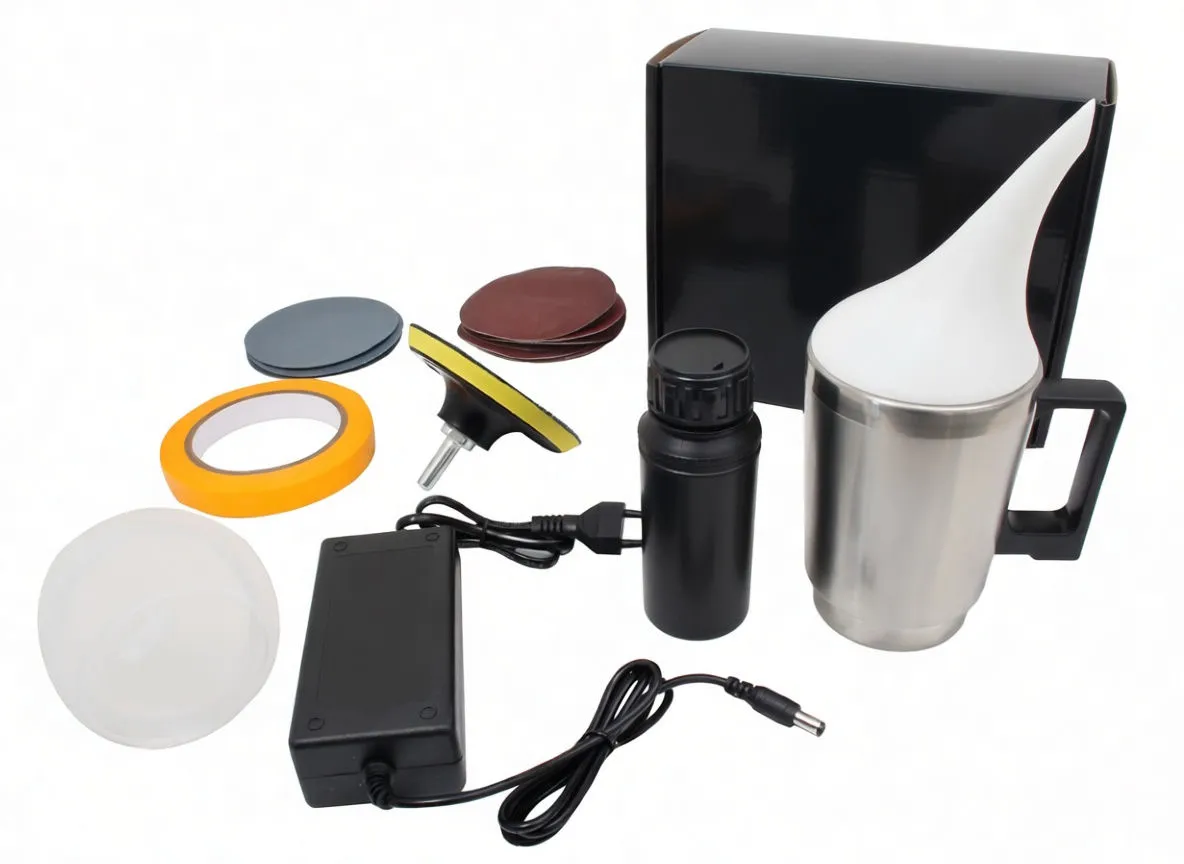 saTra product box with headlight restoration kit parts spread including sanding discs, tape, adapter and mug