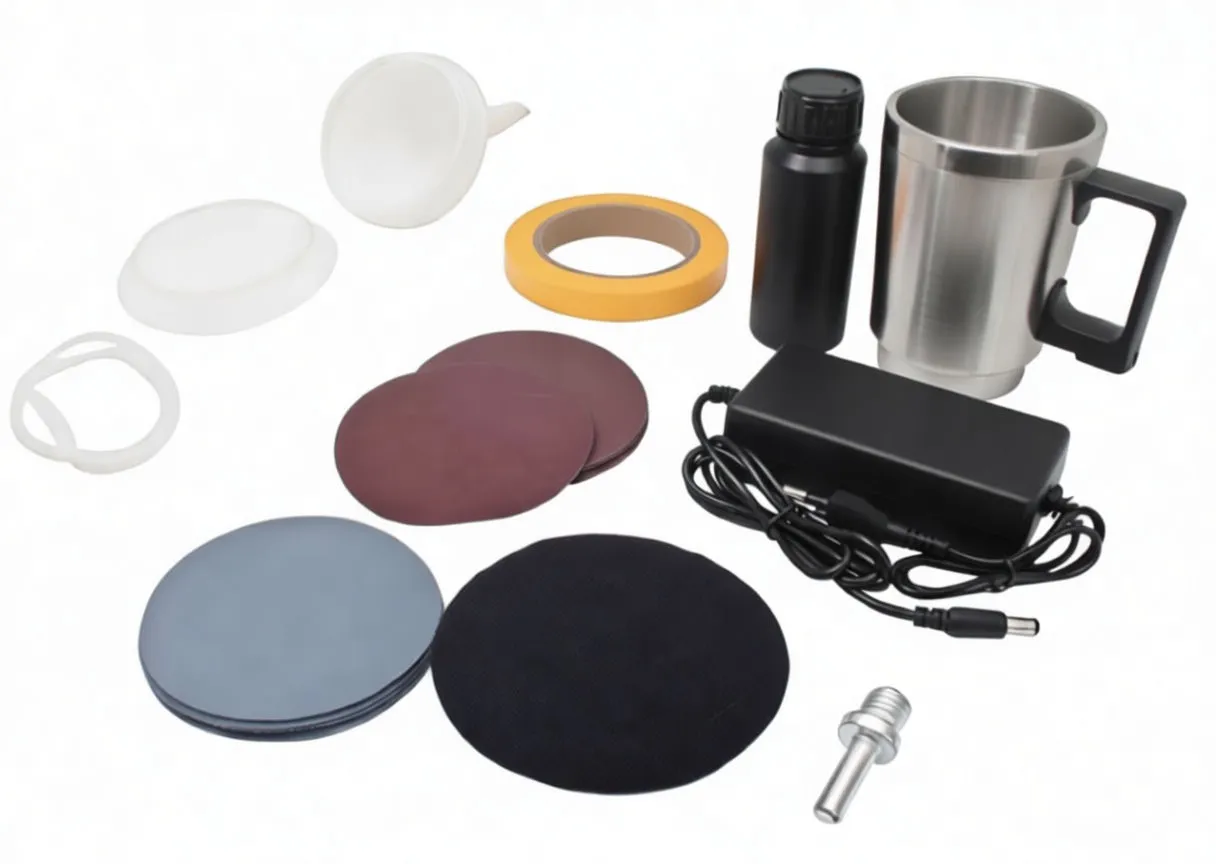 Overhead layout of many red and grey sanding discs, adapter, tape, mug and bottle