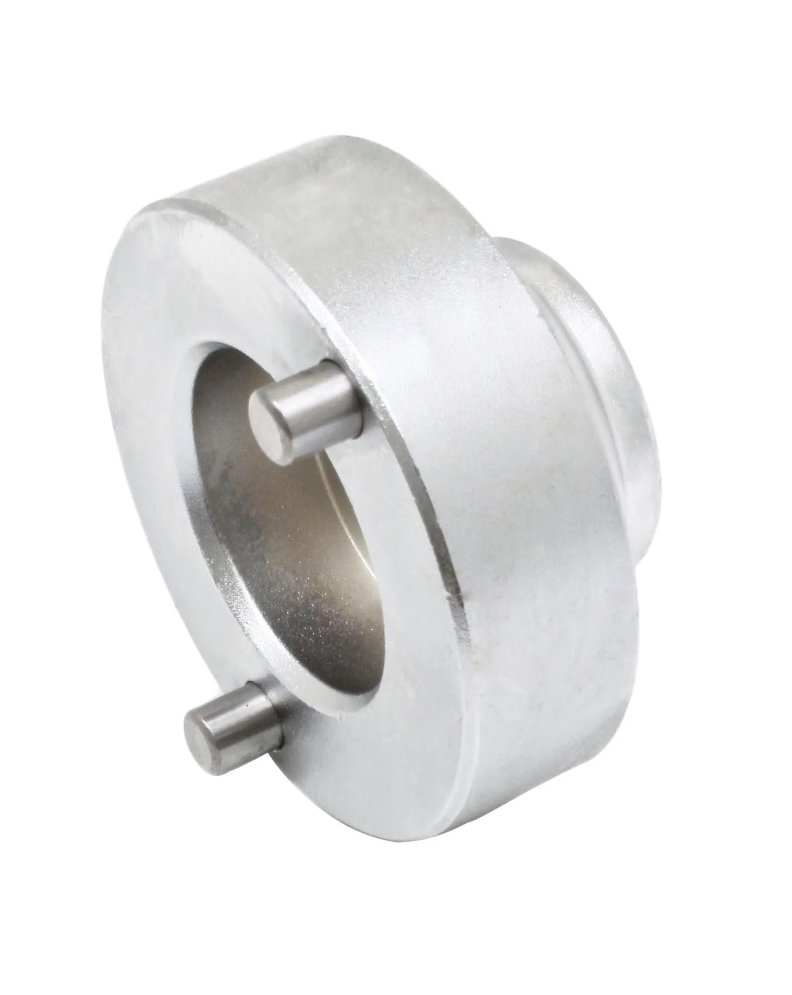 Angled side of silver variator socket showing two pins and central recessed bore