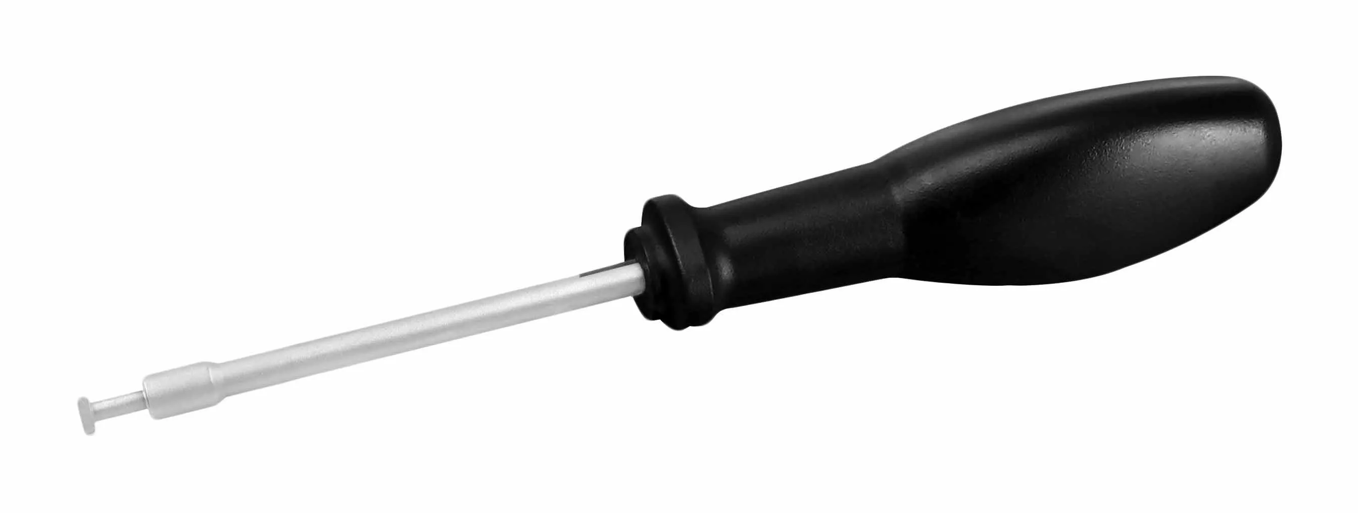 Door handle removal tool at an angle showing black contoured handle, chrome shaft, cylindrical sleeve and exposed flat rectangular pin tip.