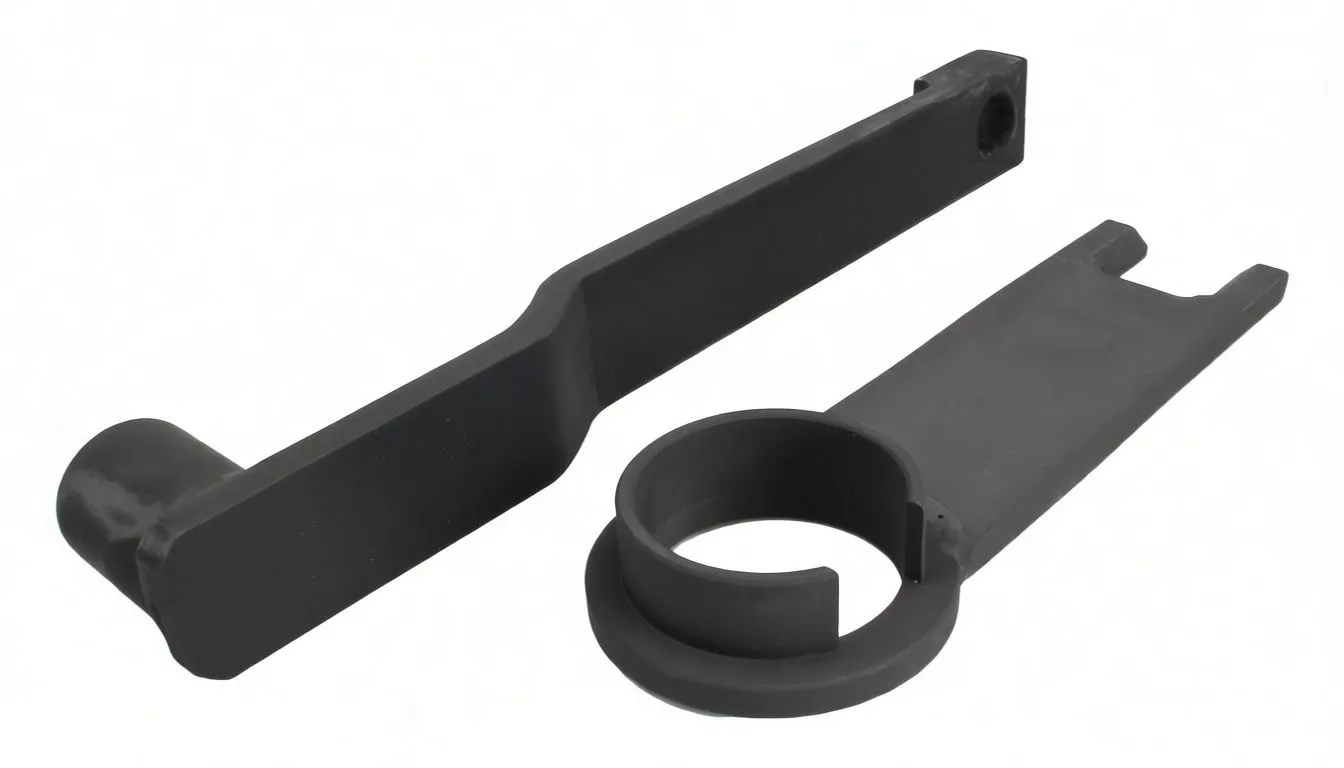 Angled view of two black automotive tools, lever with socket and flat ring-and-fork key, ASTA marking and possible code visible