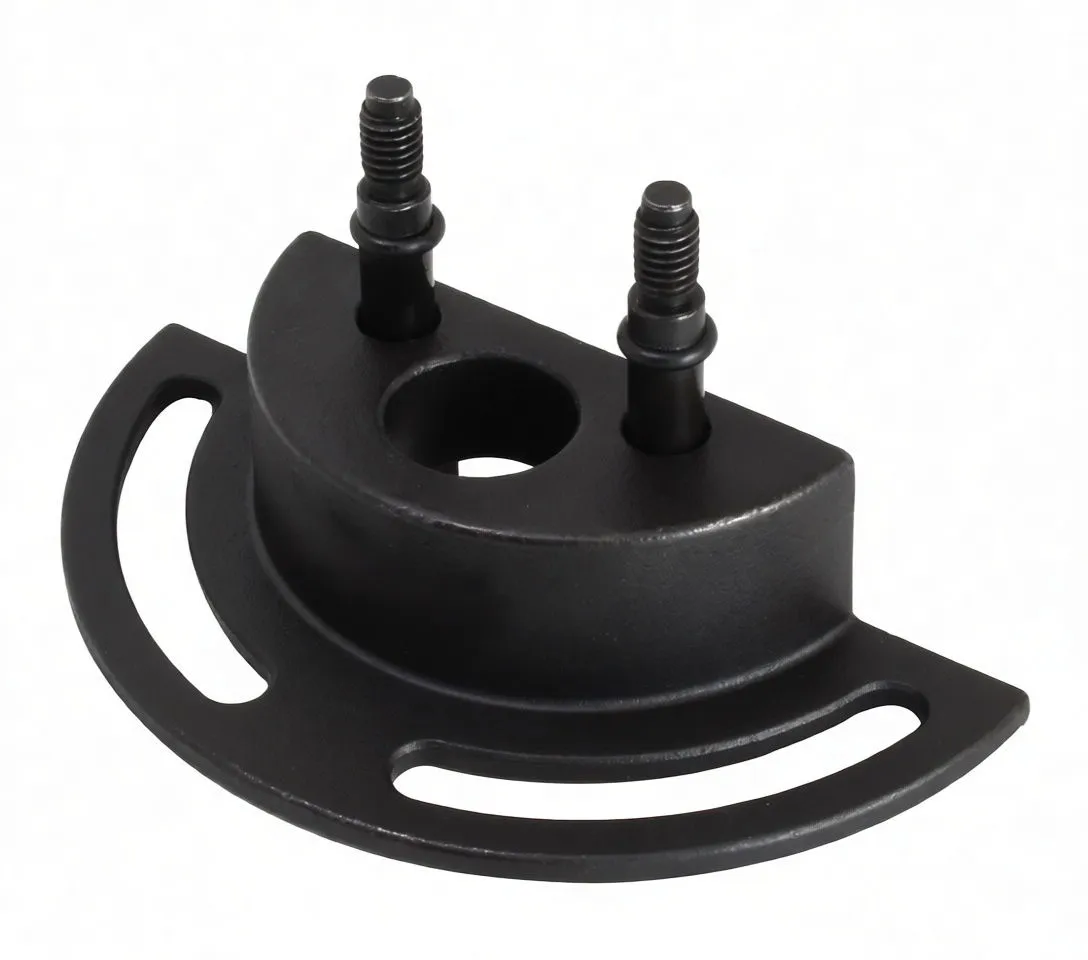 Top-front view of black water pump holding tool showing two vertical studs, central hole and printed "ASTA A-XWPO" text