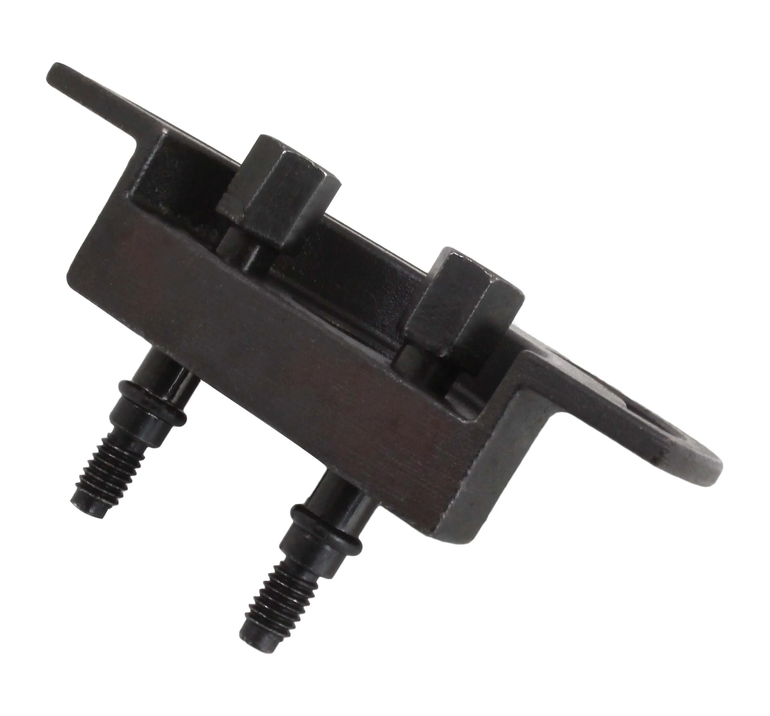 Side and underside view of water pump holding tool showing rectangular bottom, two studs and square locating lugs