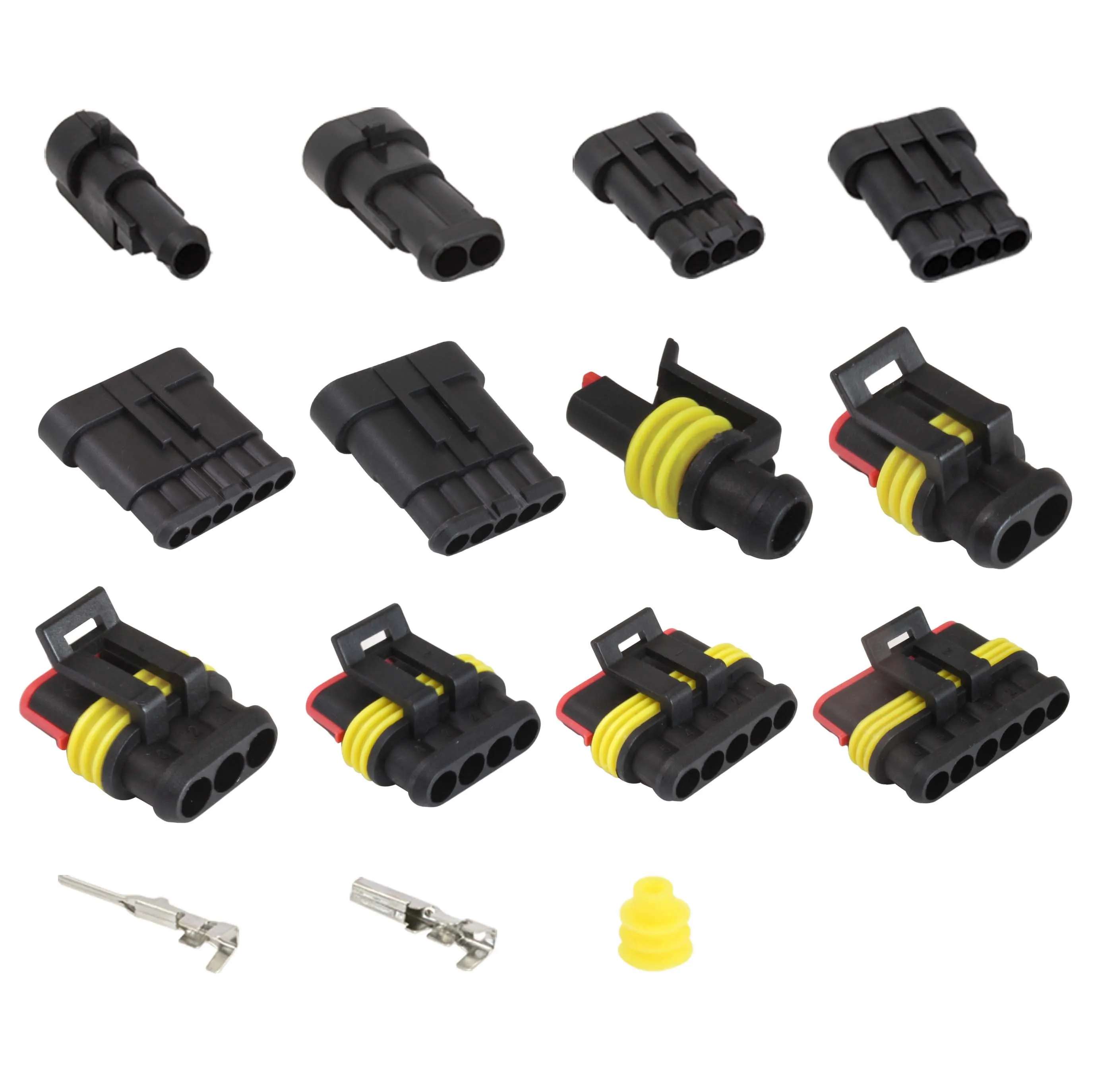 Close-up of individual connector housings (1–6 pin), assembled sealed connectors with yellow seals and red locks, two metal crimp terminals and a yellow seal.