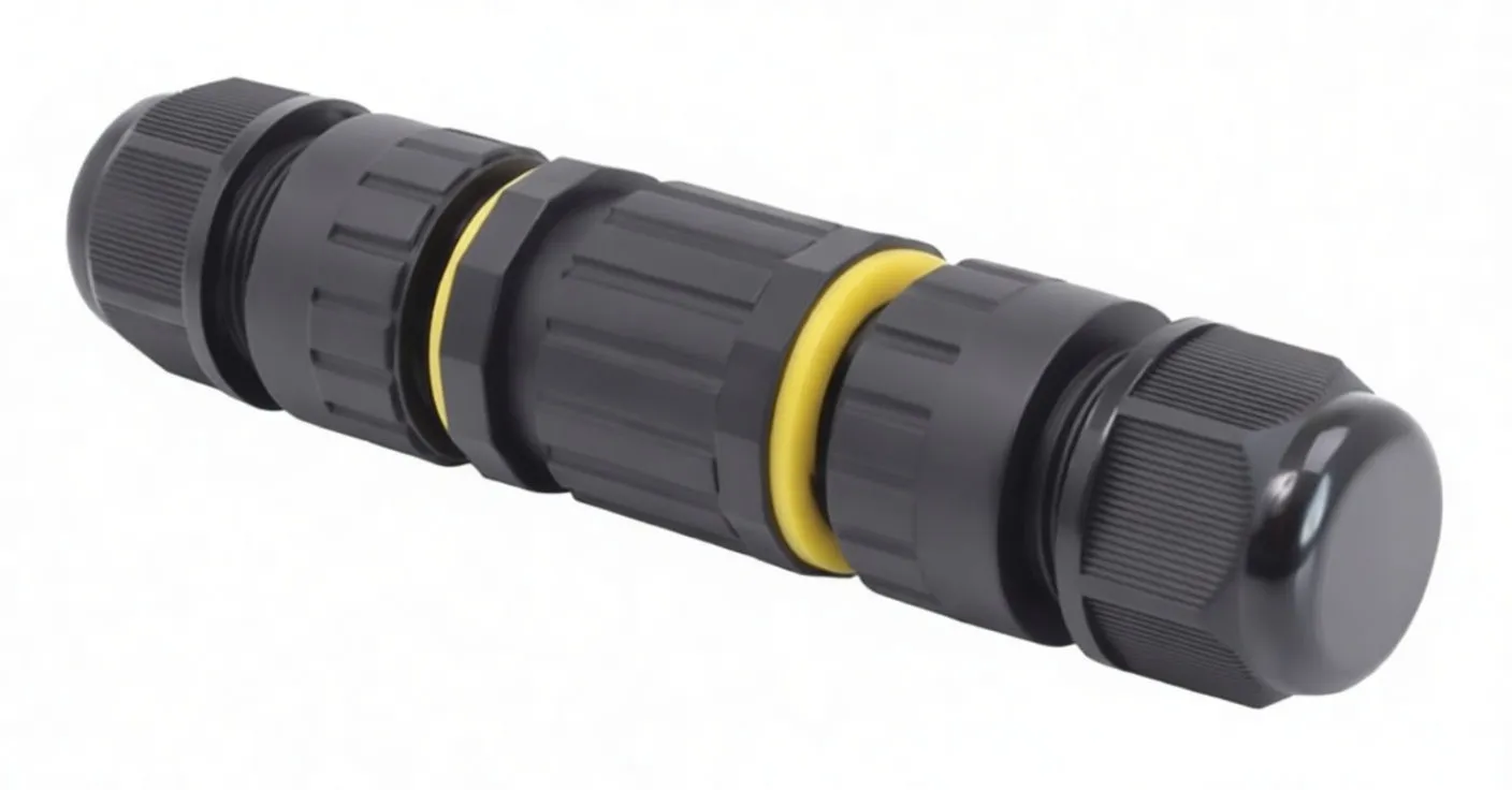 Disassembled black cable connector showing threaded glands, central coupling with yellow ring, metal pins and screw terminals