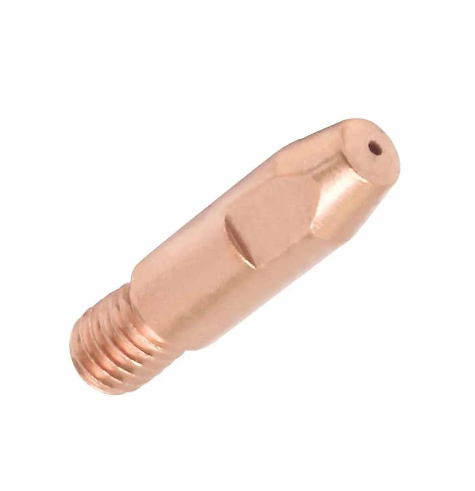 Angled view of copper contact tip showing tapered end with wire hole, flat on shank, and threaded rear