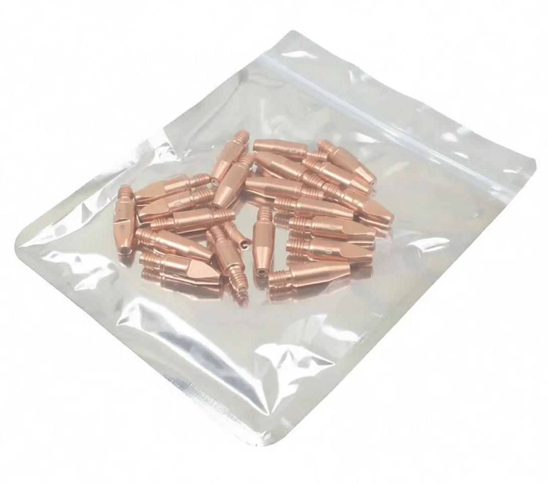 Angled perspective of a silver pouch of copper MB25 welding tips showing threaded tips, saTra label, barcode and accessory/CE markings.