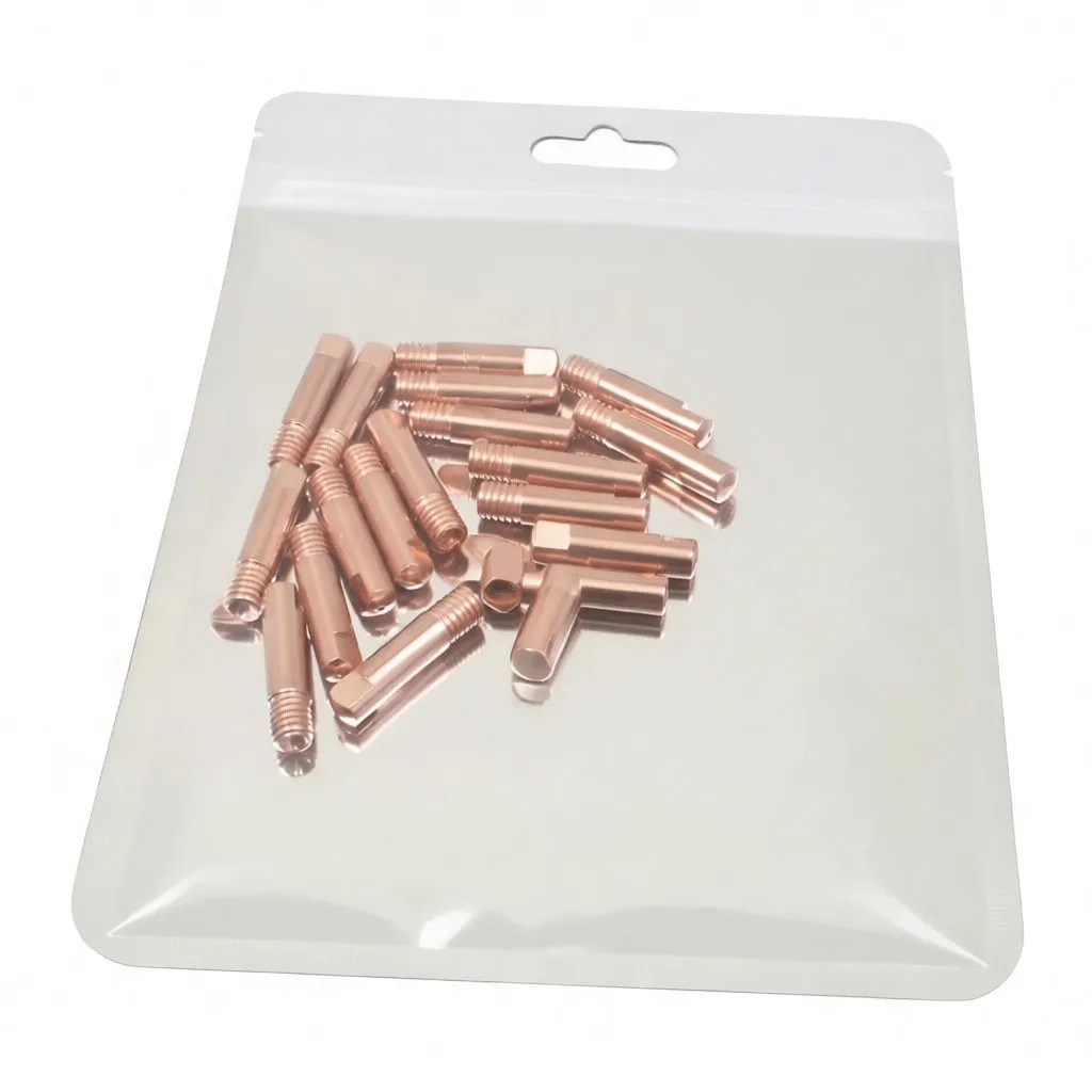 Front view of resealable bag of copper MB15 welding tips with 'saTra' sticker showing item number, specs, barcode and QR code, and 'ACCESSORIES' band